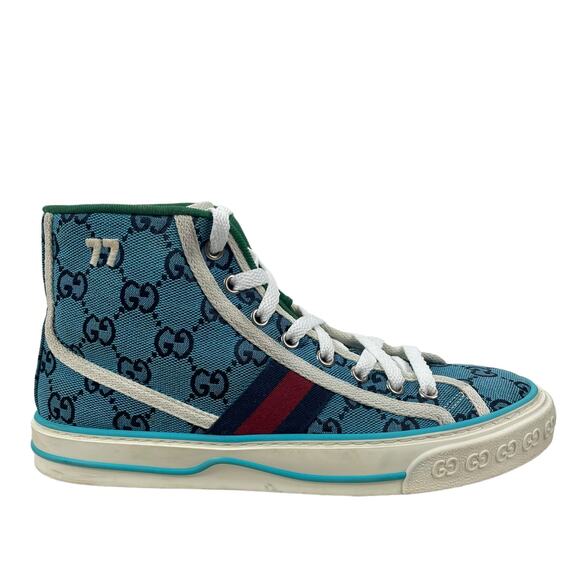 Gucci Tennis 1977 High Top Sneakers Turquoise Navy Logo Monogram Size 37 - Picture 2 of 11